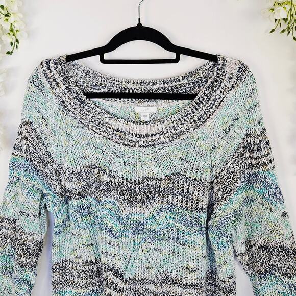 J Jill Marled Open Knit Tunic Sweater Size XL Cotton Blue Green Boho Winter Cozy - Picture 6 of 14